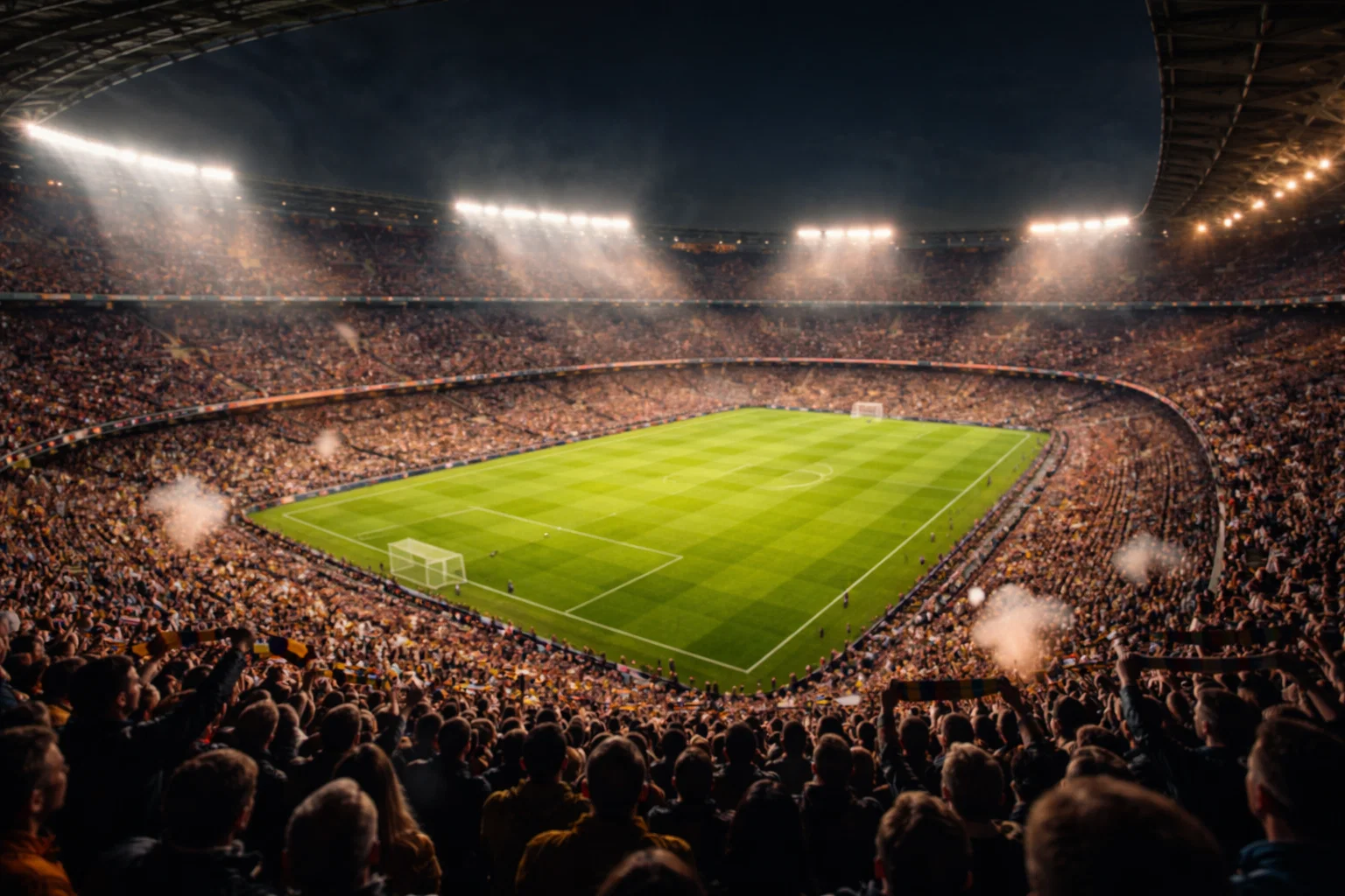 Stadio di calcio pieno di tifosi durante una partita serale