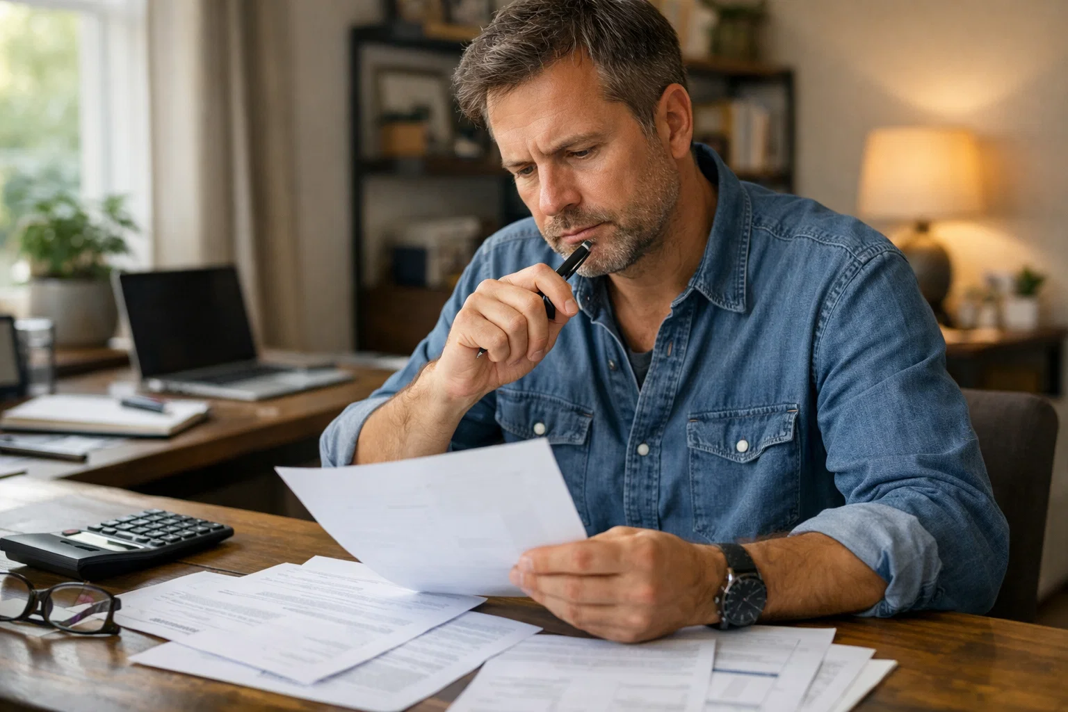 Persona che esamina documenti finanziari a scrivania