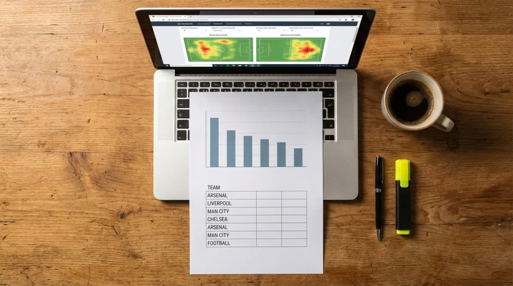 Persona che studia statistiche di calcio su un foglio con tabelle e grafici semplici accanto a un laptop