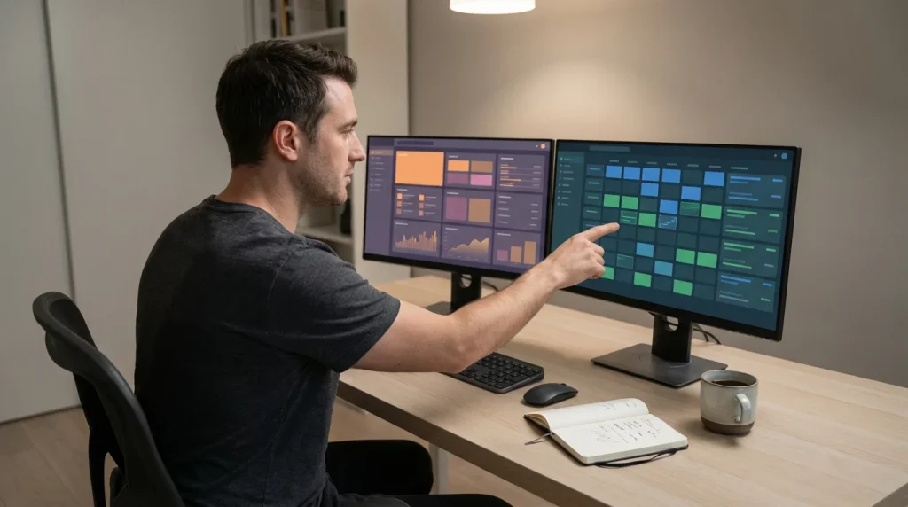 Persona che confronta quote di scommesse su due schermi affiancati in un ambiente professionale