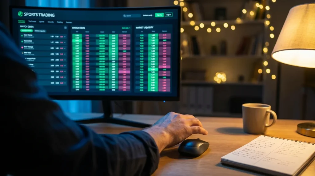 Schermo di un laptop con piattaforma di trading sportivo e persona che osserva le quote