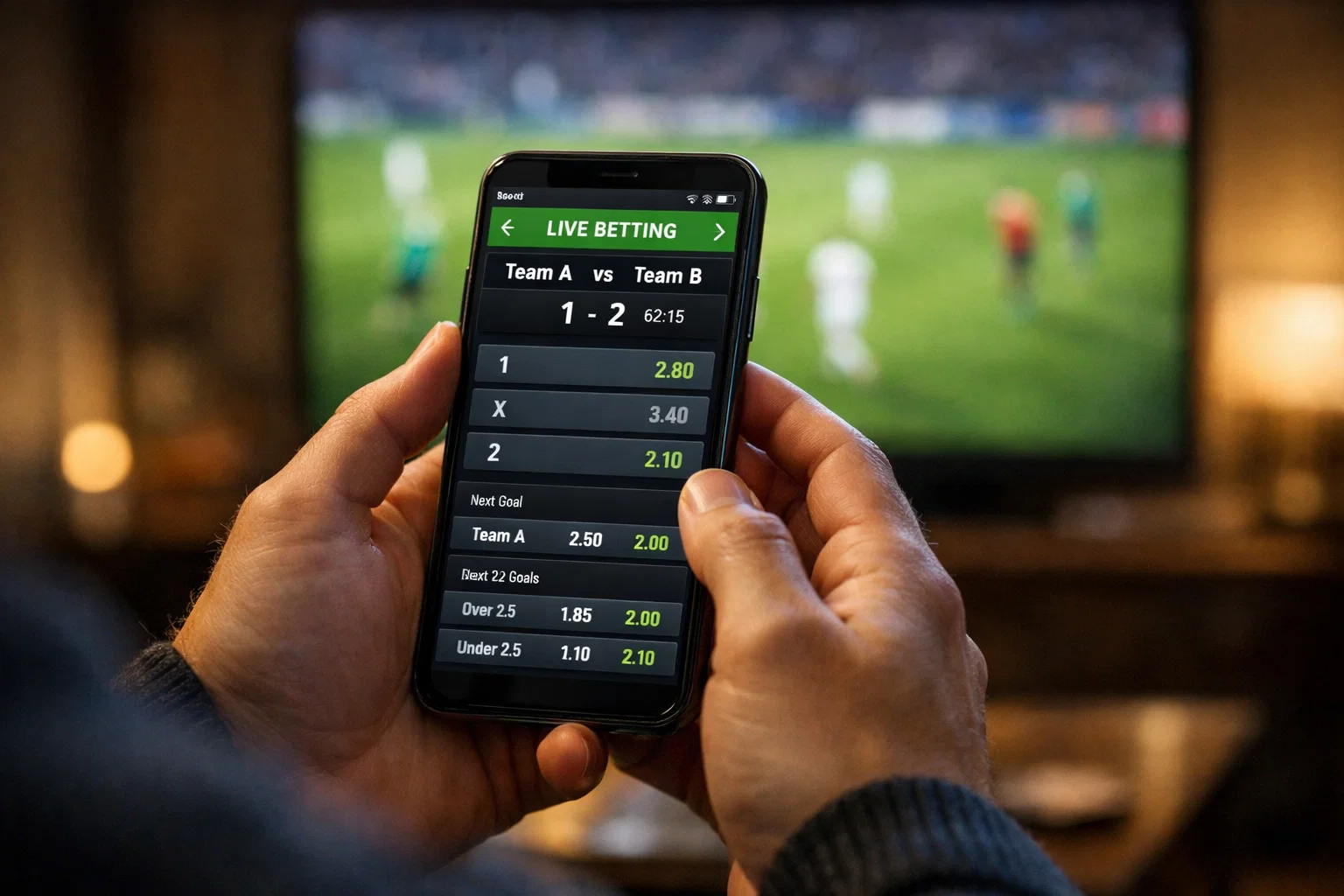 Smartphone con app scommesse live durante partita