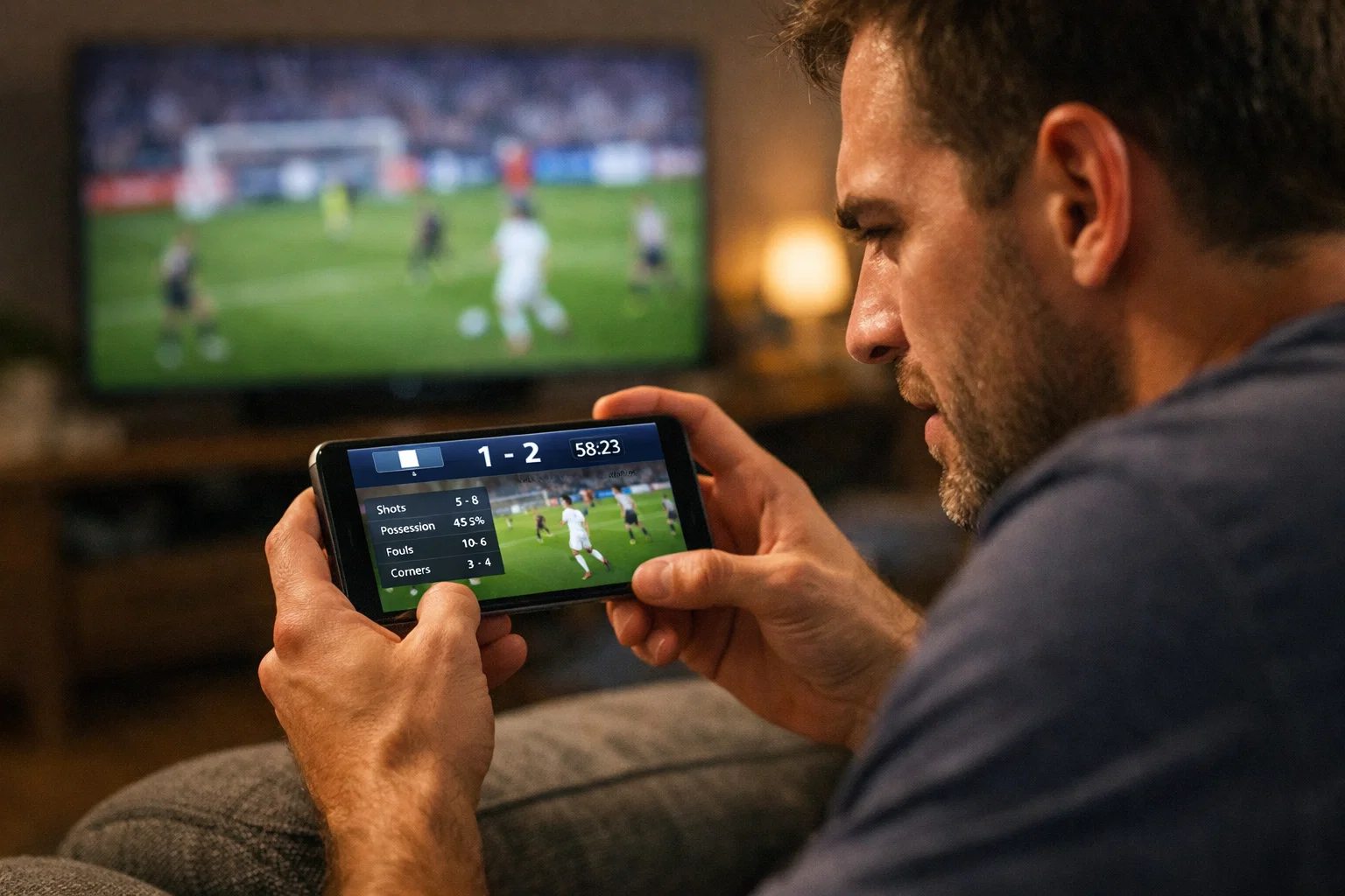 Tifoso che guarda partita di calcio su smartphone con quote live