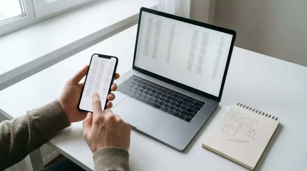 Persona che confronta schermate di quote sportive su un laptop e uno smartphone affiancati