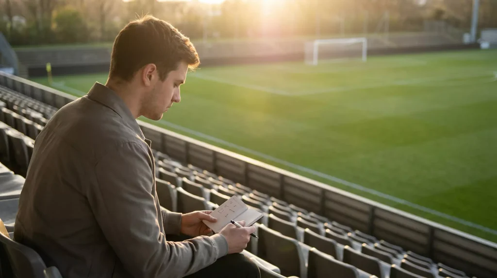 Tifoso di calcio allo stadio che guarda pensieroso il campo da gioco con un blocco note in mano