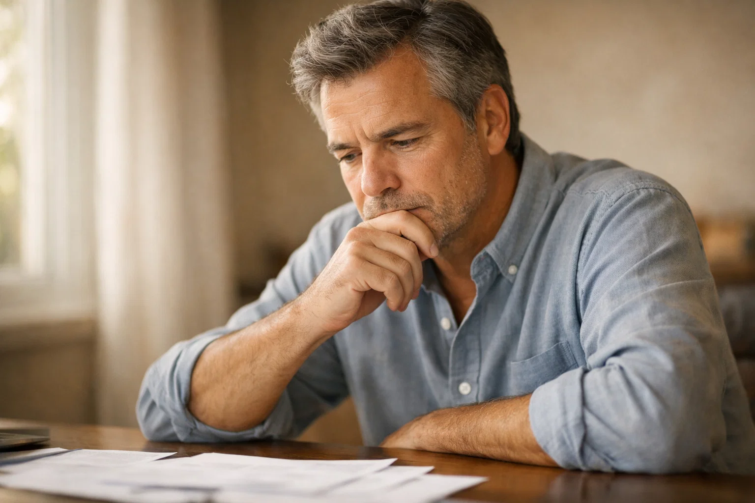 Uomo pensieroso che riflette davanti a documenti