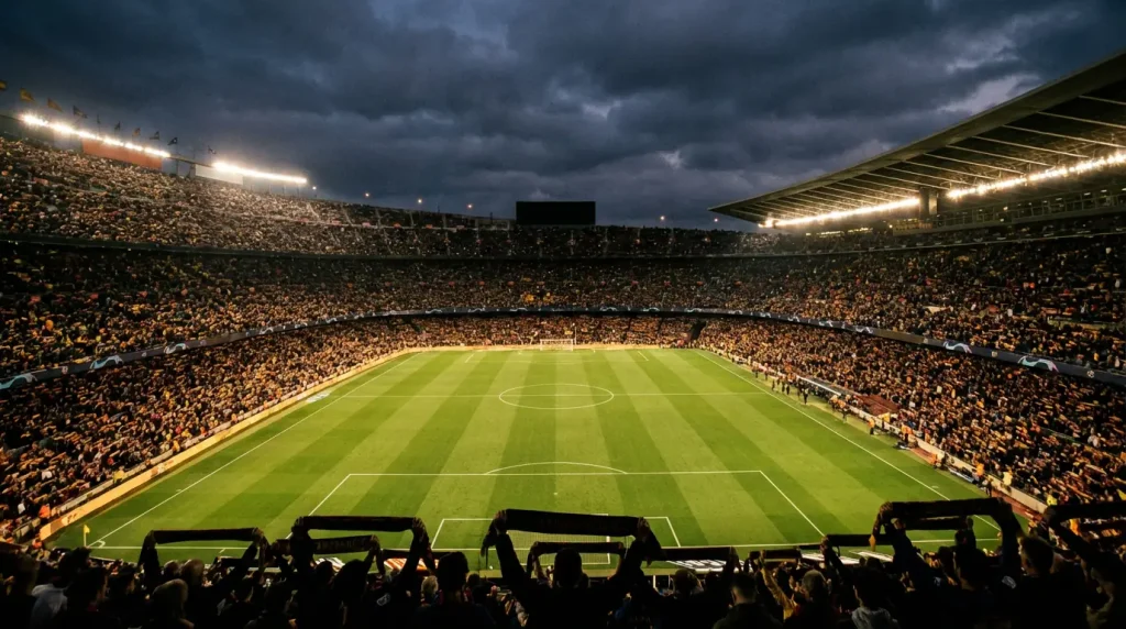 Stadio di calcio pieno di tifosi durante una partita serale sotto i riflettori