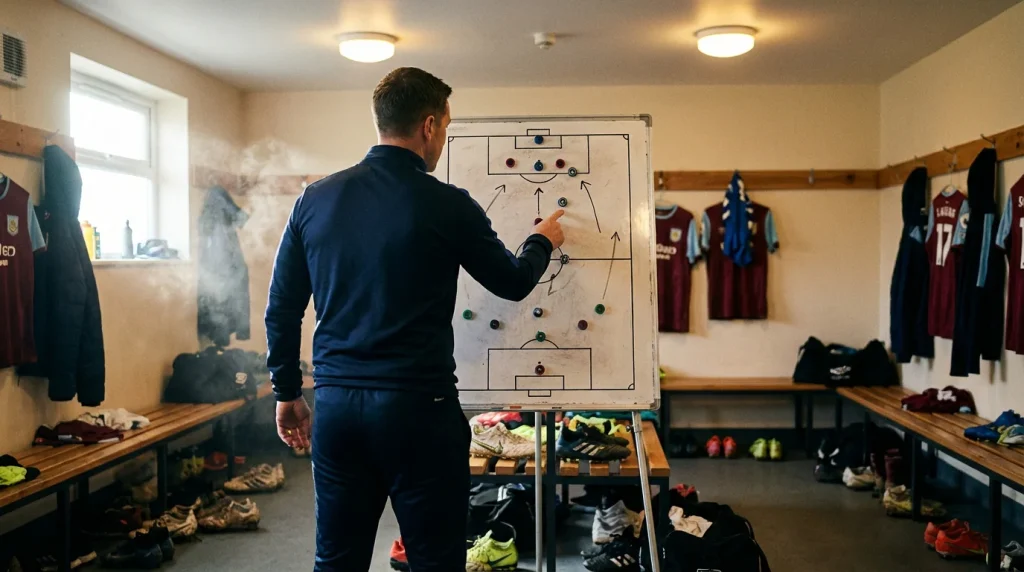 Allenatore di calcio che studia la lavagna tattica con la formazione della squadra