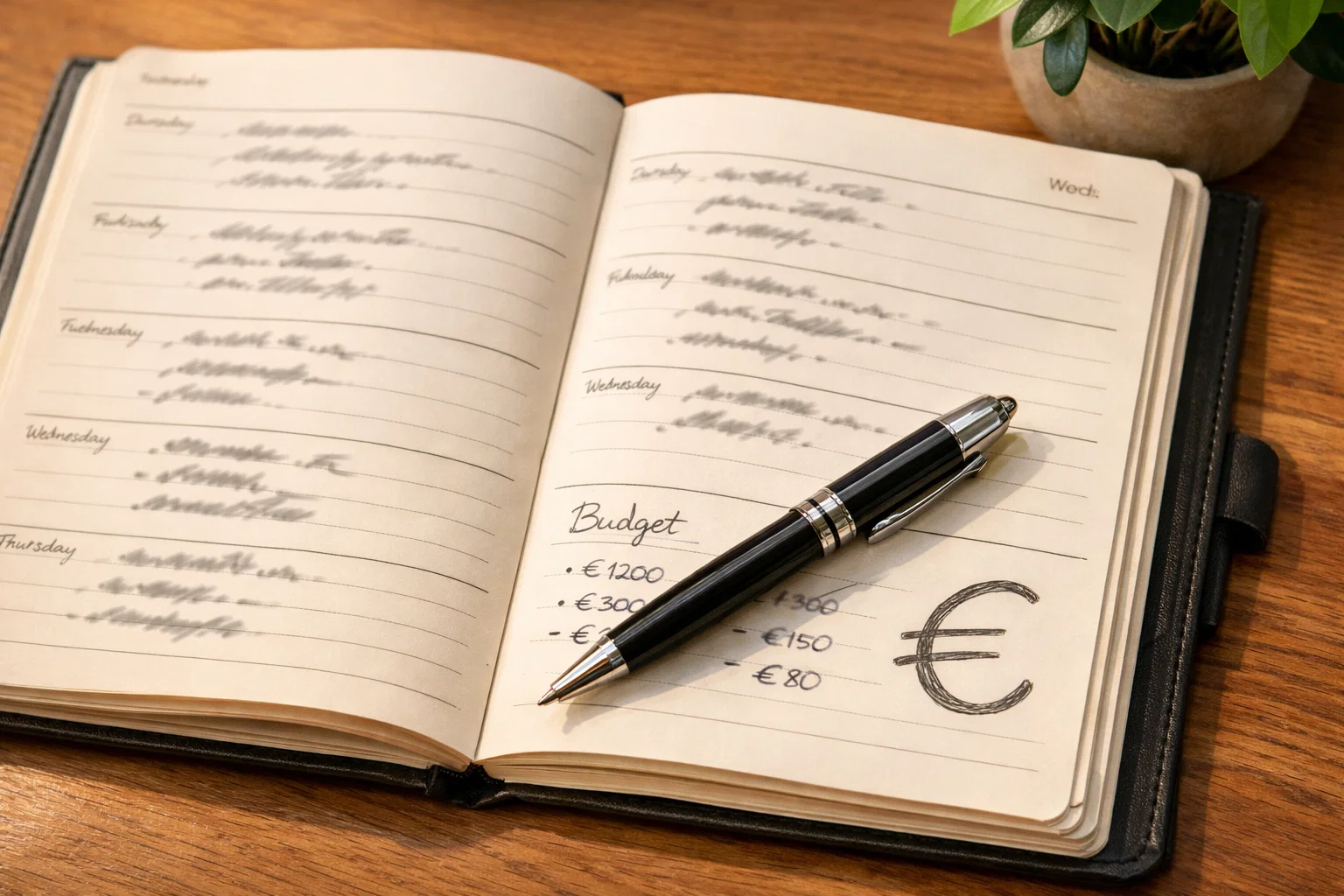 Agenda aperta con pianificazione finanziaria e simbolo euro