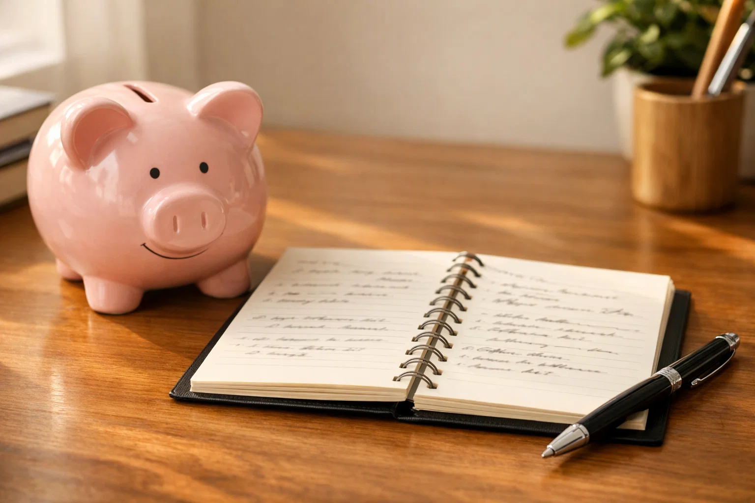 Salvadanaio e blocco note con piano di gestione finanziaria