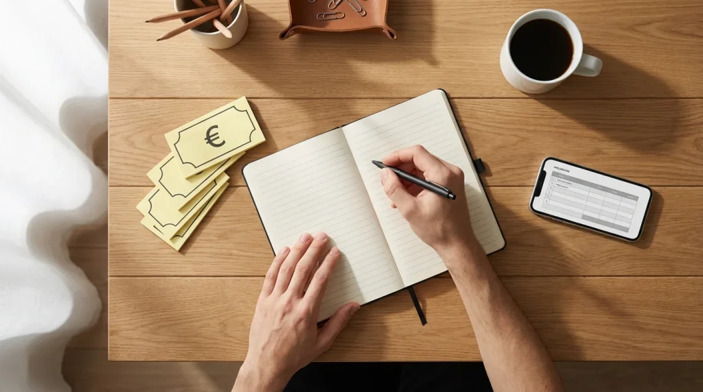 Persona che pianifica il proprio budget con un blocco appunti e una penna su una scrivania ordinata
