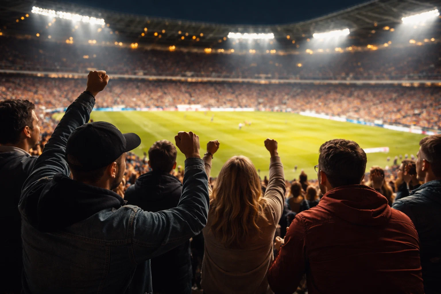 Tifosi che guardano una partita di calcio in uno stadio illuminato