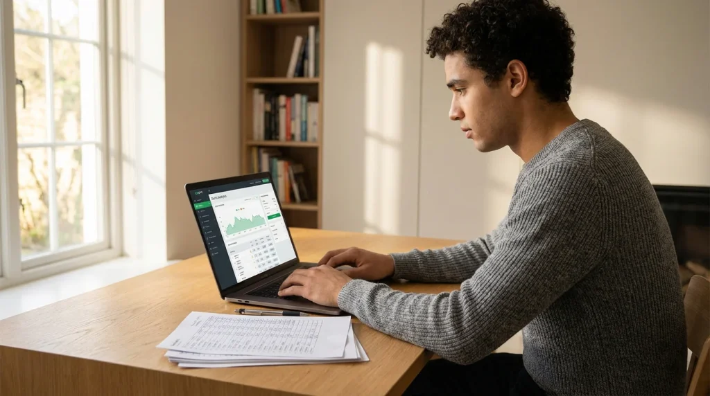 Persona che analizza scommesse sportive al computer con appunti e documentazione