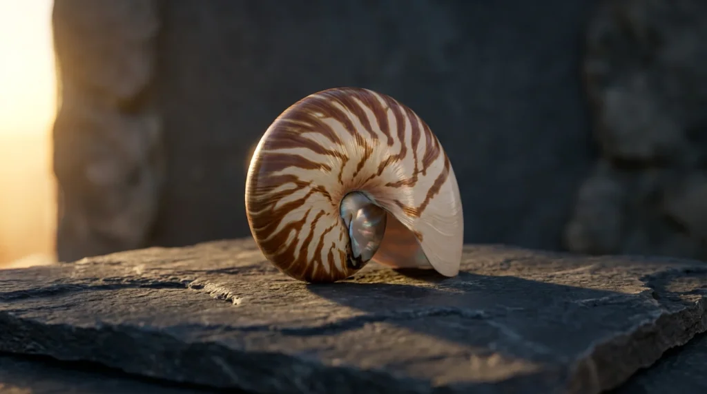 Conchiglia a spirale di Nautilus su sfondo scuro, luce laterale drammatica che evidenzia la spirale