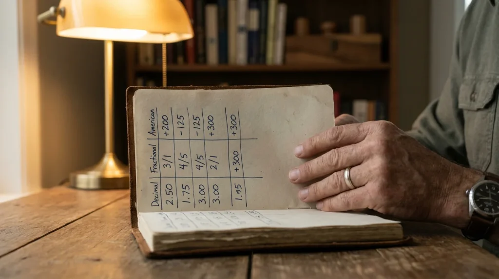 Lavagna con esempi di quote decimali, frazionarie e americane per scommesse sportive