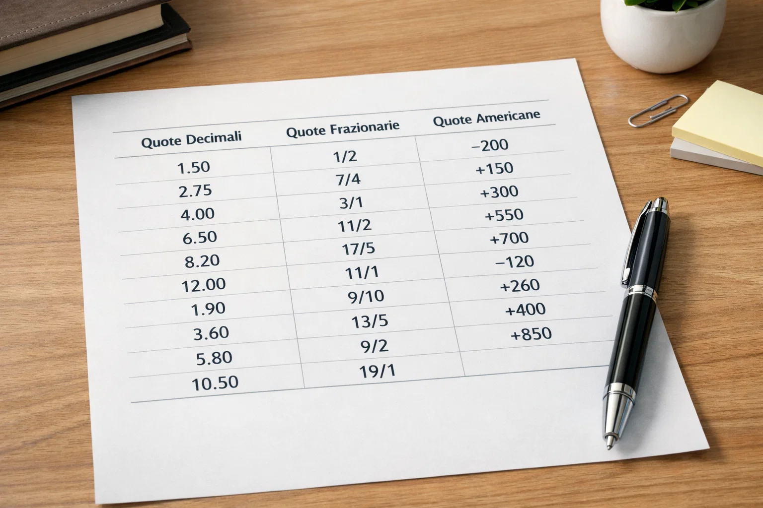 Tabella comparativa dei tre formati di quote sportive