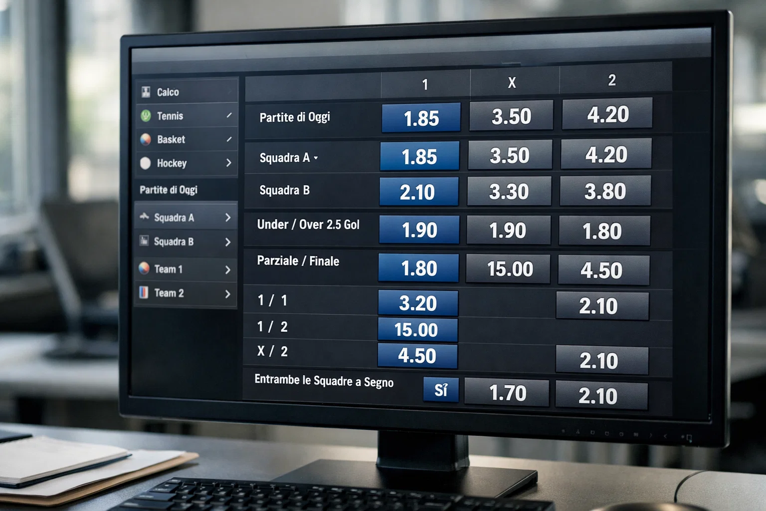 Schermata bookmaker con quote calcio in evidenza