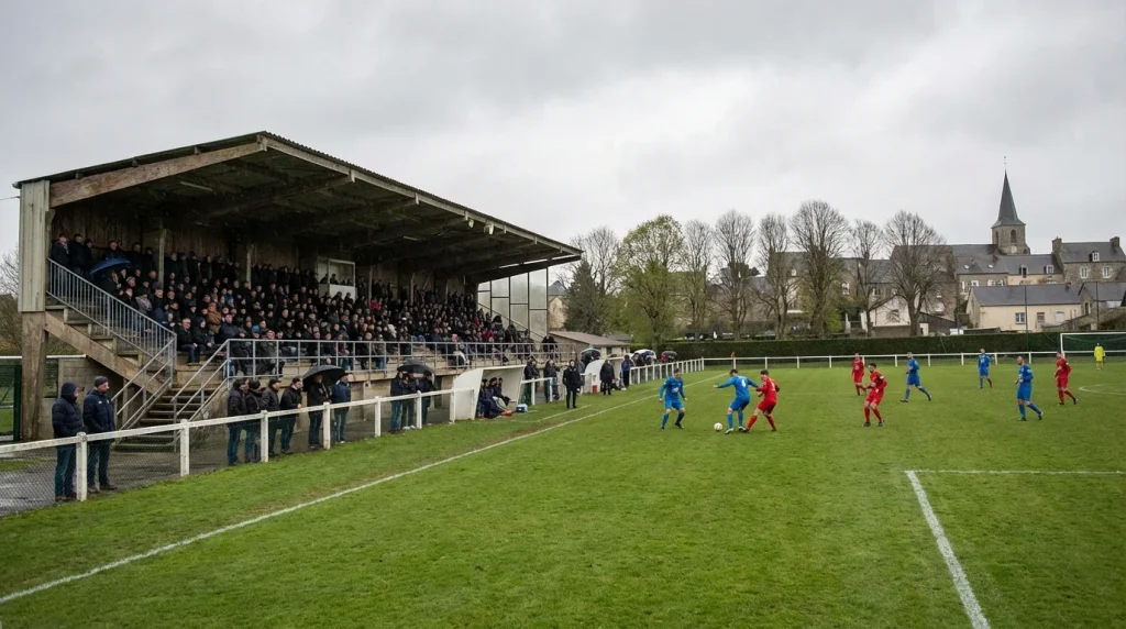 Piccolo stadio di calcio di provincia con tribuna coperta durante una partita