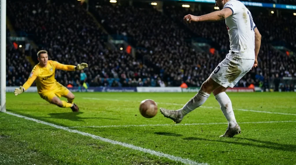Attaccante di calcio che calcia verso la porta durante una partita su campo in erba