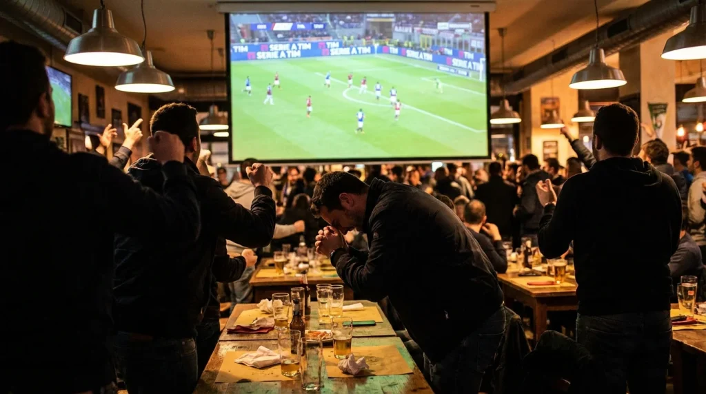 Tifosi che guardano una partita di calcio dal vivo su uno schermo in un ambiente sportivo