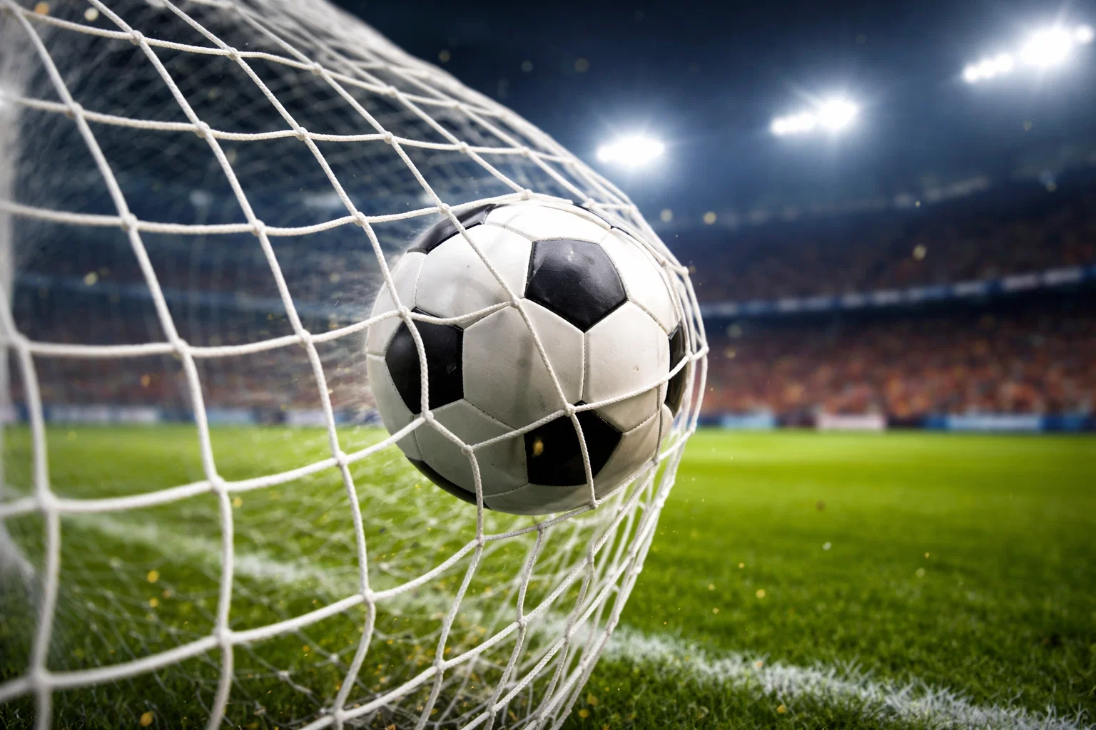 Pallone da calcio che entra in rete con sfondo stadio