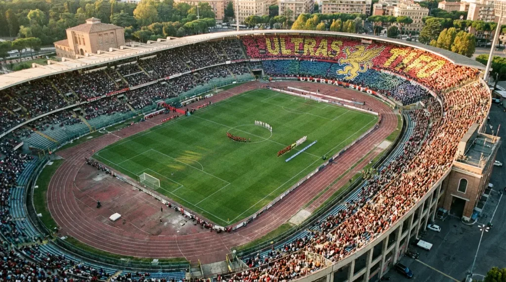 Vista panoramica di uno stadio italiano di Serie A durante una partita di calcio