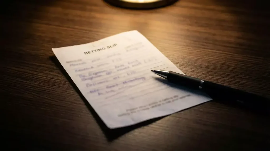 Una singola schedina di scommessa sportiva poggiata su un tavolo con luce naturale