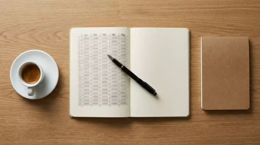 Blocco note con tabella di numeri scritta a mano e penna, vista dall