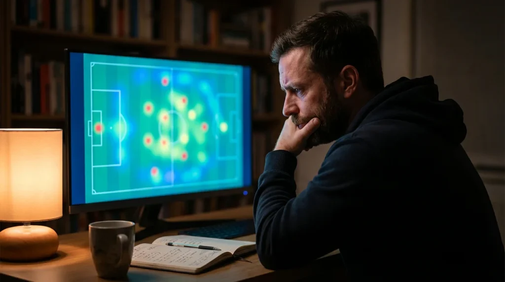 Analista che studia statistiche di calcio su monitor con dati di una partita