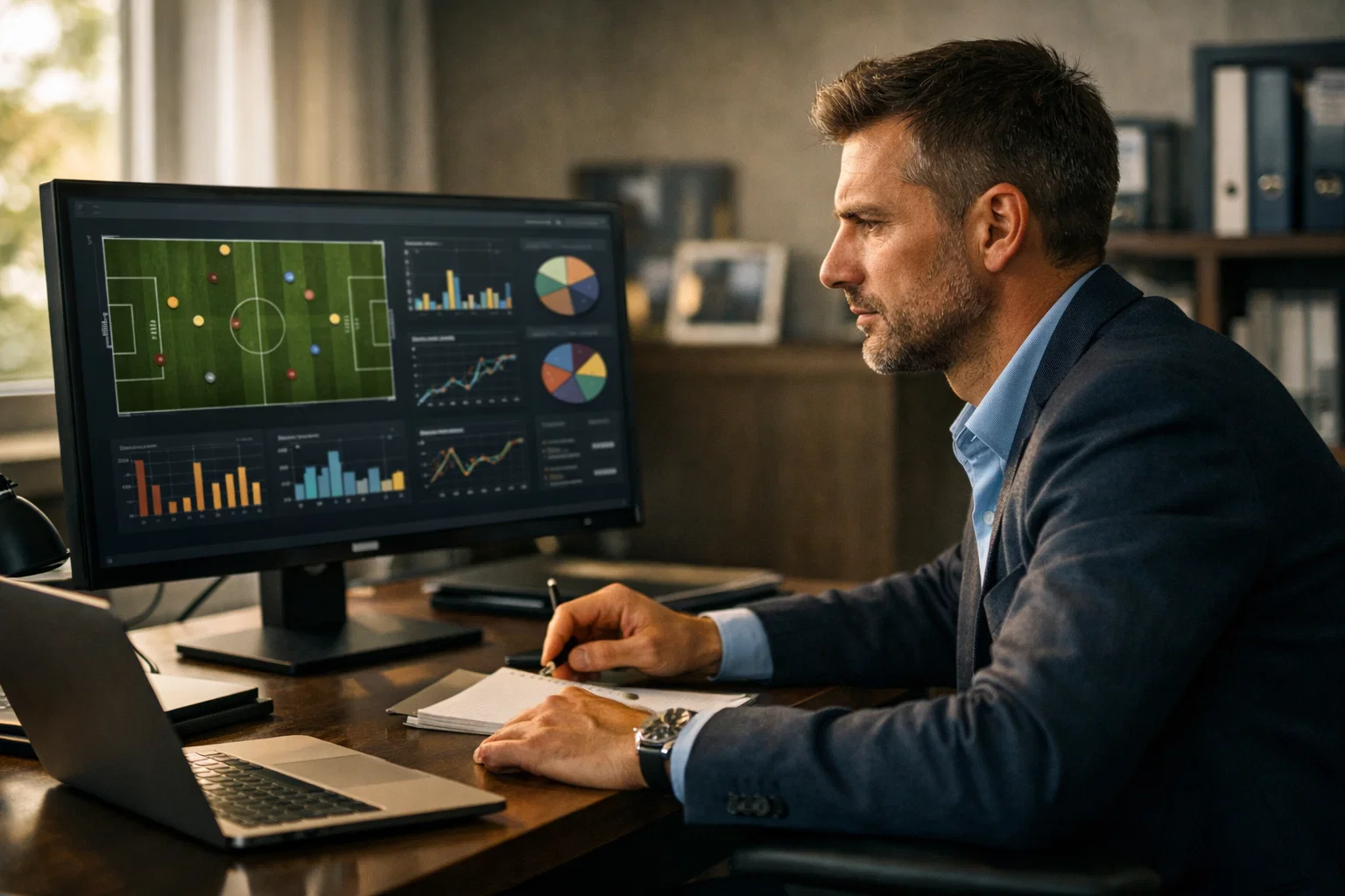 Analista che studia statistiche calcistiche su schermo con dati di partite