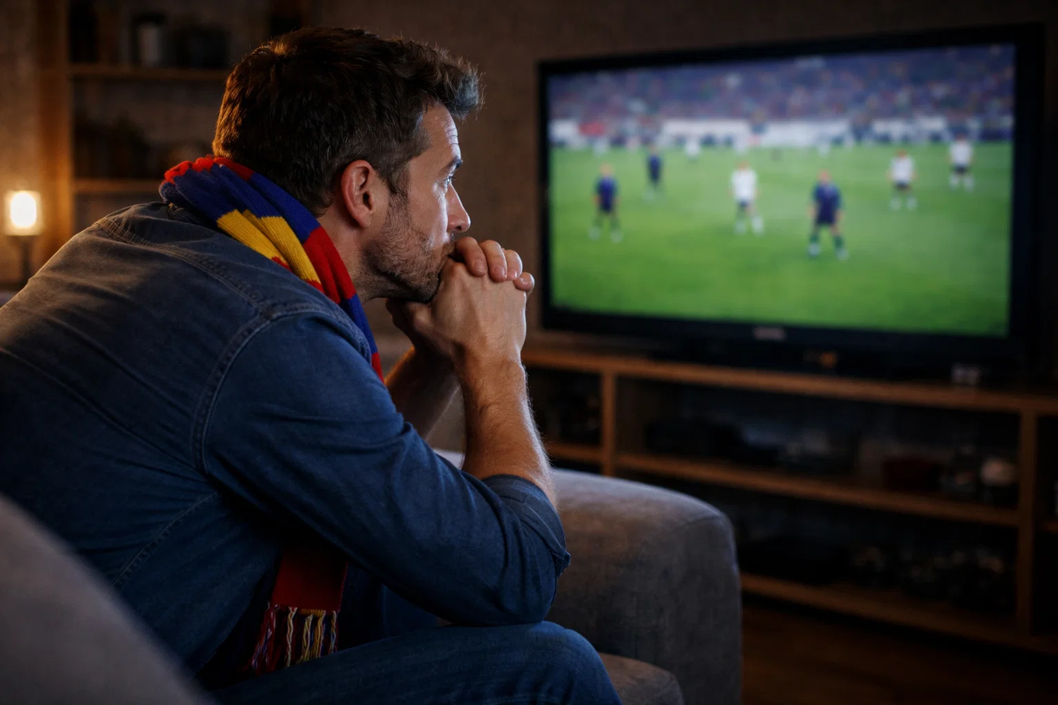 Tifoso con sciarpa della squadra che guarda partita preoccupato