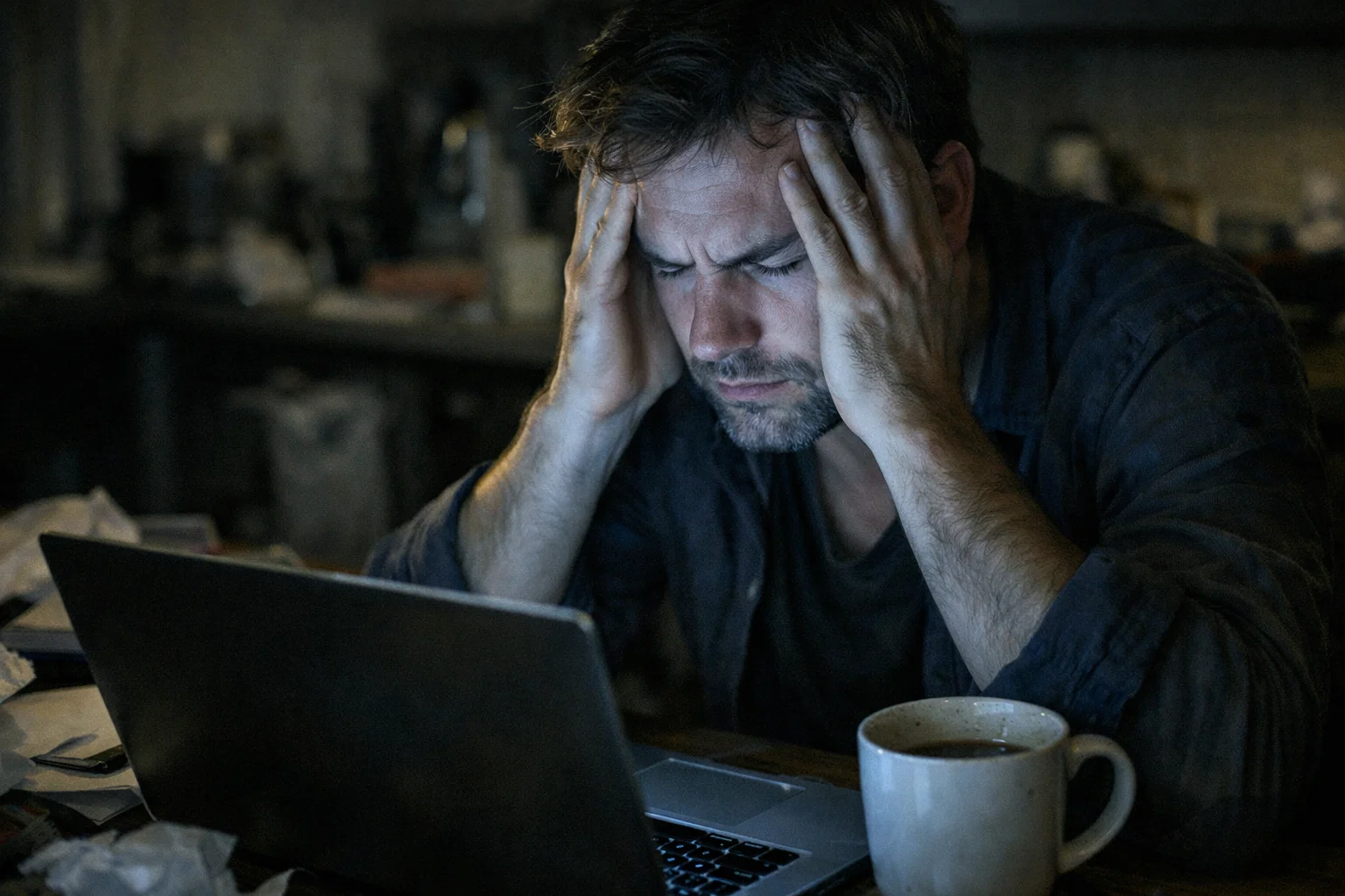 Persona stressata con le mani sulla testa davanti al computer