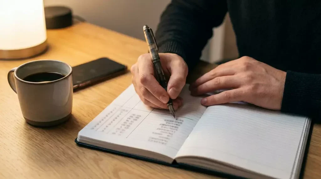 Persona che annota risultati di scommesse sportive in un quaderno con penna