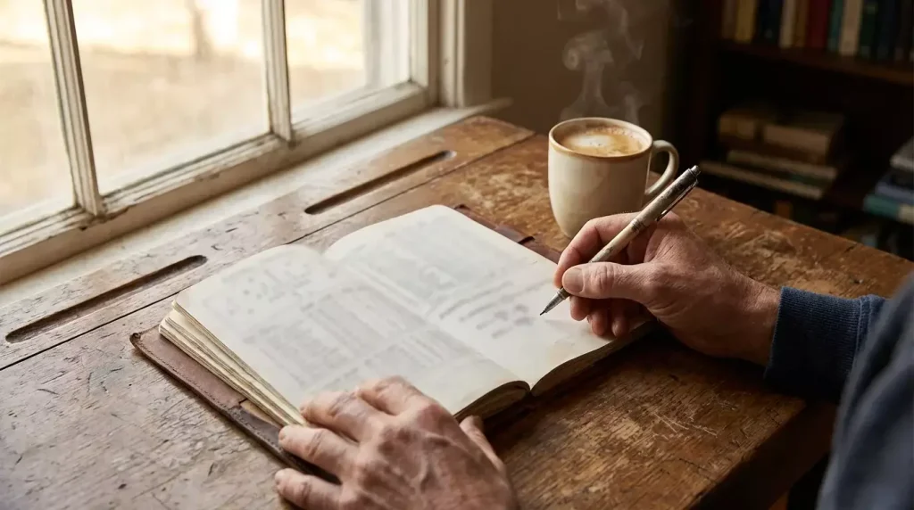 Persona che analizza statistiche di calcio su un foglio di appunti con penna, luce naturale da finestra